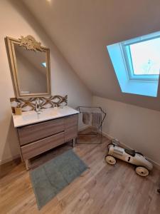 a bathroom with a sink and a mirror and a skylight at La chambre Mademoiselle Causeuse in Malville +6 photos