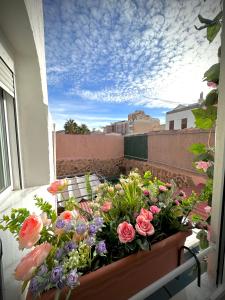 una caja de ventanas llena de flores en el balcón en JARA HOME Malaga Centro, en Málaga