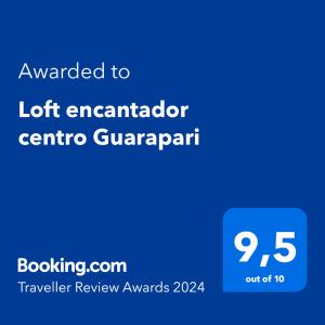 Loft encantador centro Guarapari tesisinde sergilenen bir sertifika, ödül, işaret veya başka bir belge