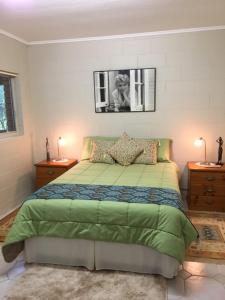 1 dormitorio con 1 cama verde y 2 mesitas de noche en The singing frogs studio en Coffs Harbour