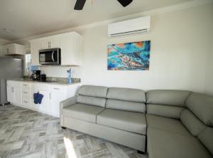 ein Wohnzimmer mit einem Sofa und einer Küche in der Unterkunft Blufin Bungalows & Marina in Chincoteague