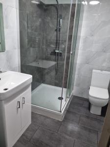 uma casa de banho com um chuveiro, um WC e um lavatório. em Excellent stay em Leicester