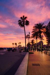 um pôr-do-sol numa praia com palmeiras e um passeio em La Bella escondida piscina golf solarium em Málaga