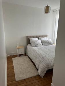 a bedroom with a bed with a rug and a table at Appartement refait à neuf au pied de paris Paris in Saint-Ouen