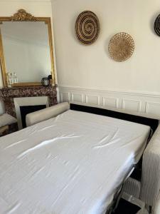 a bedroom with a white bed and a mirror at Appartement refait à neuf au pied de paris Paris in Saint-Ouen
