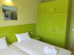 a green bedroom with a bed with white sheets at Argilos Apartments in Frangokastello