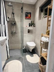 a bathroom with a shower with a toilet and a sink at Cozy Heaven! Just 17 min's to Central in Hedehusene