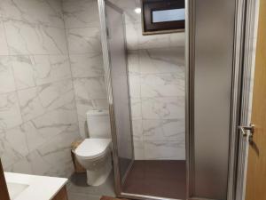 a bathroom with a toilet and a shower at Casa Souto in Santa Comba +11 photos