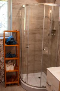 La salle de bains est pourvue d'une douche avec une porte en verre. dans l'établissement Ranczo Molikówka, 