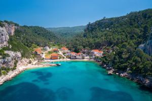 an aerial view of a resort on the shore of a beach at Apartments Serzane in Zastražišće