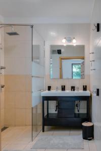 a bathroom with a sink and a glass shower at Kuća za odmor La Vi in Mrkopalj
