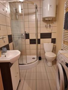 een badkamer met een douche, een toilet en een wastafel bij Top Apartment in Bielsko-Biala