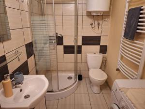 een badkamer met een toilet, een wastafel en een douche bij Top Apartment in Bielsko-Biala