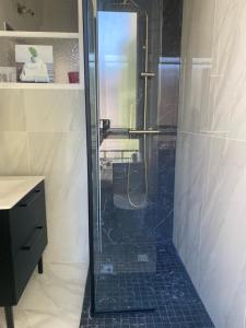 a shower with a glass door in a bathroom at Charming studio overlooking a beautiful garden in Nice