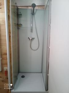 eine Dusche mit Glastür im Bad in der Unterkunft Village où il fait bon de vivre in Mauléon-Barousse