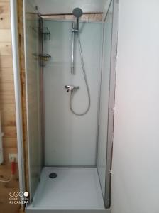 a shower with a glass door in a bathroom at Village où il fait bon de vivre in Mauléon-Barousse