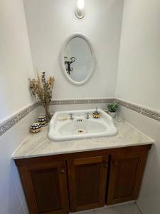 een badkamer met een wastafel en een spiegel bij La Lomita, Calamuchita, un plan de tranquilidad y naturaleza plena in Cordoba