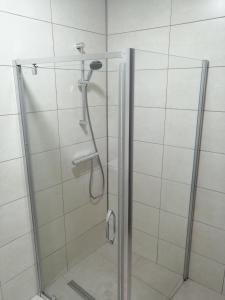 una doccia con una porta in vetro in un bagno di Studio Old Center a Braşov