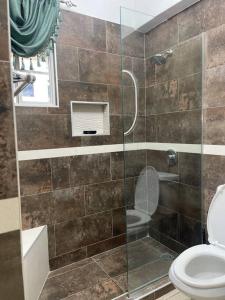 a bathroom with a glass shower with a toilet at EliteStay at Casa De Barron in Kingston