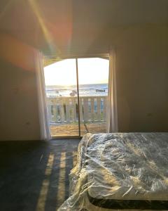 1 dormitorio con cama y vistas al océano en Bri's On The Beach, en Treasure Beach