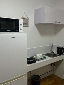 a kitchen with a sink and a microwave at Cromer House in Horsham Saint Faith