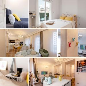 a collage of photos of a bedroom and a living room at L élégance toulousaine avec garage in Toulouse