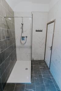 a shower with a glass door in a bathroom at BlueSeaView Apartment with fabulous sea views in Newcastle