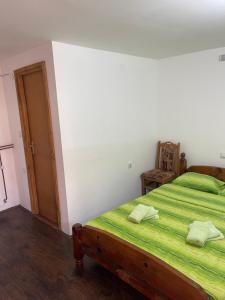 a bedroom with a green bed and a wooden door at Etno Selo Stara Planina in Kalna