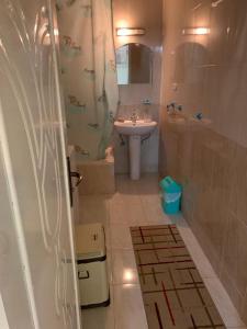 La salle de bains est pourvue d'un lavabo, d'une douche et de toilettes. dans l'établissement شقة سكنية ذات طابع عائلى متميز بها كافة الامكانيات من فلتر ماء وواى فاى, à Hurghada
