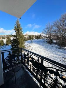 a balcony with snow on the ground and a tree at Apartmani Liman Kopaonik in Kopaonik