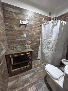 a bathroom with a toilet and a sink and a shower at Güemes Apart in San Juan