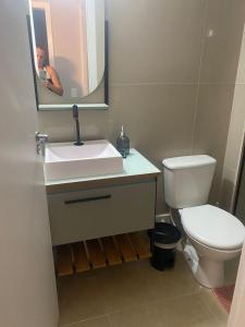La salle de bains est pourvue de toilettes, d'un lavabo et d'un miroir. dans l'établissement Excelente ap. 2 dorm.p/ viagens à trabalho ou lazer, à Palhoça