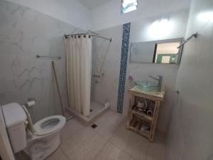 a bathroom with a toilet and a sink and a shower at Hospedaje Güemes Quinta Victoria in Máximo Paz