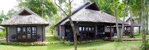 a small house with a thatched roof in the grass at Entire Beach Front Resort Home - Tides Reach Beach House in Saraotou