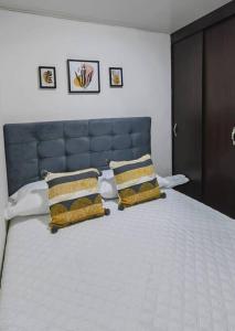 1 dormitorio con 1 cama blanca grande y 2 almohadas en Cuatro Gatos Casa Hotel, en Salento