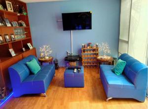 a living room with two blue couches and a flat screen tv at Habitación amplia en casa grande y sola en Coapa, junto al Club America, cerca de Miramontes, Tlalpan, Periférico in Mexico City