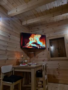 a television hanging on a wall in a log cabin at Apartment Homeland in Kolašin