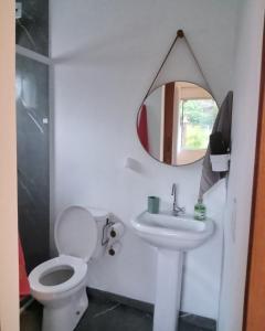 a bathroom with a toilet and a sink and a mirror at Wayak Flats PDR in Imbituba