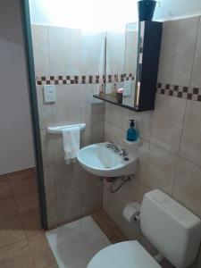Un baño pequeño con inodoro y lavabo. en Departamento Itaembe Guazu, en Villa Dolores