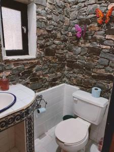 a bathroom with a toilet and a stone wall at El Cielo 