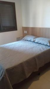a bedroom with a large bed with a wooden headboard at Espaço aconchegante com wifi! in Patos de Minas