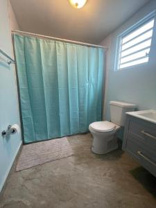 a bathroom with a toilet and a blue shower curtain at Studio with private entrance and bath near Beach, Unit 4 in San Juan