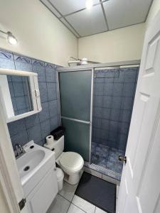 uma casa de banho com um WC, um chuveiro e um lavatório. em Casita Leao - Juayua, Sonsonate em Juayúa