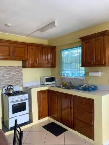 a kitchen with wooden cabinets and a stove top oven at SK S Haven #1 in Castries