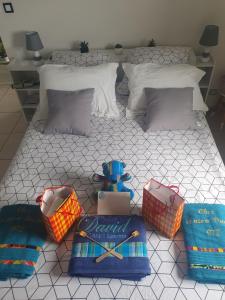 1 dormitorio con cama con almohadas y libro en Chez Tonton David 972 en Fort-de-France