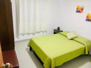 a bedroom with a green bed with a window at Acogedora casa en Pisco a 20 min de paracas in Pisco