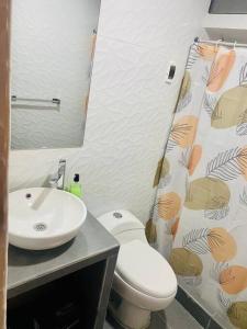 a bathroom with a sink and a toilet and a mirror at Acogedora casa en Pisco a 20 min de paracas in Pisco