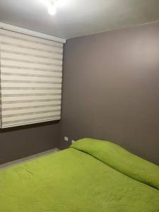 a bedroom with a green bed and a window at Apto con tres aires en villa campestre Barranquilla in Barranquilla