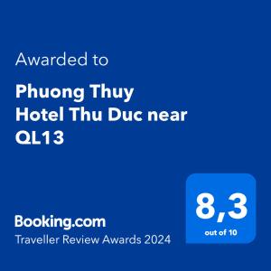 Chứng chỉ, giải thưởng, bảng hiệu hoặc các tài liệu khác trưng bày tại Phuong Thuy Hotel Thu Duc near QL13