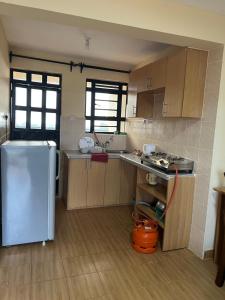 a kitchen with a white refrigerator and a sink at Citypal Apartments in Meru